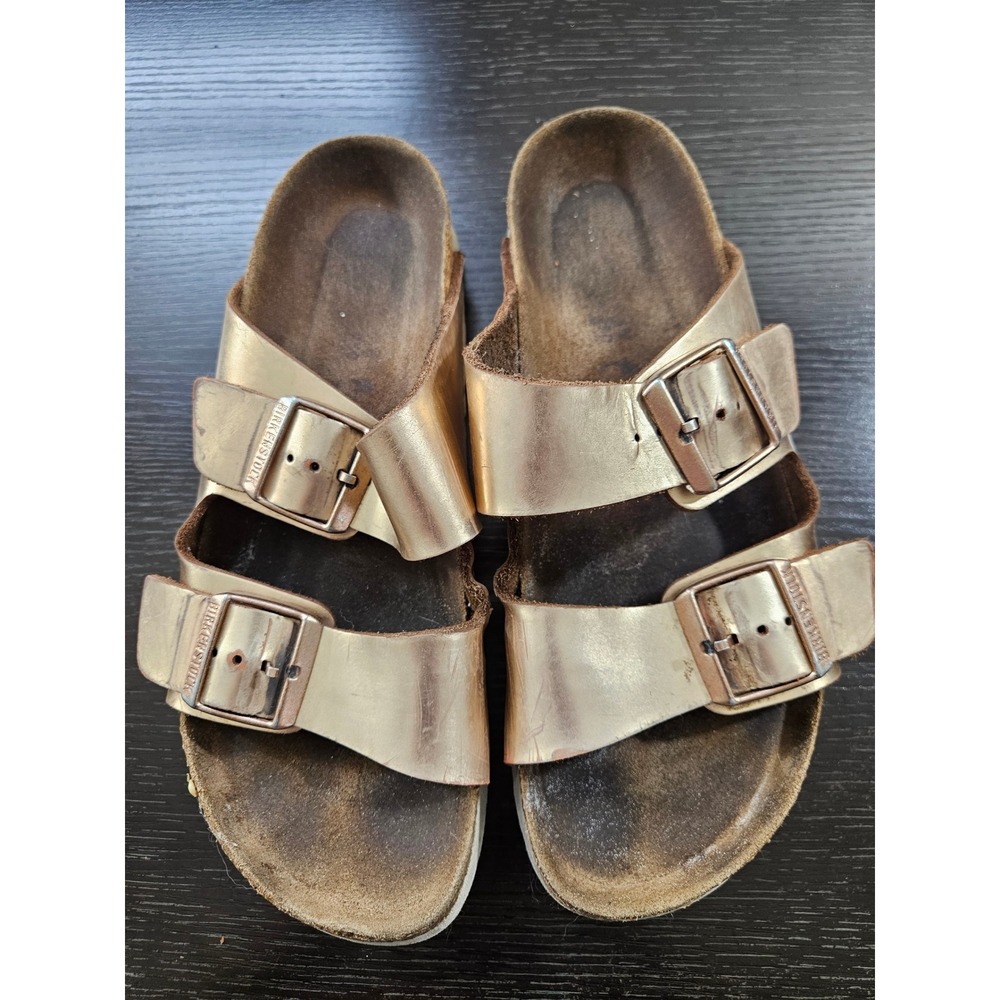 Birkenstock Arizona Metallic Rose Gold Leather Two Strap Sandals Slides Womens